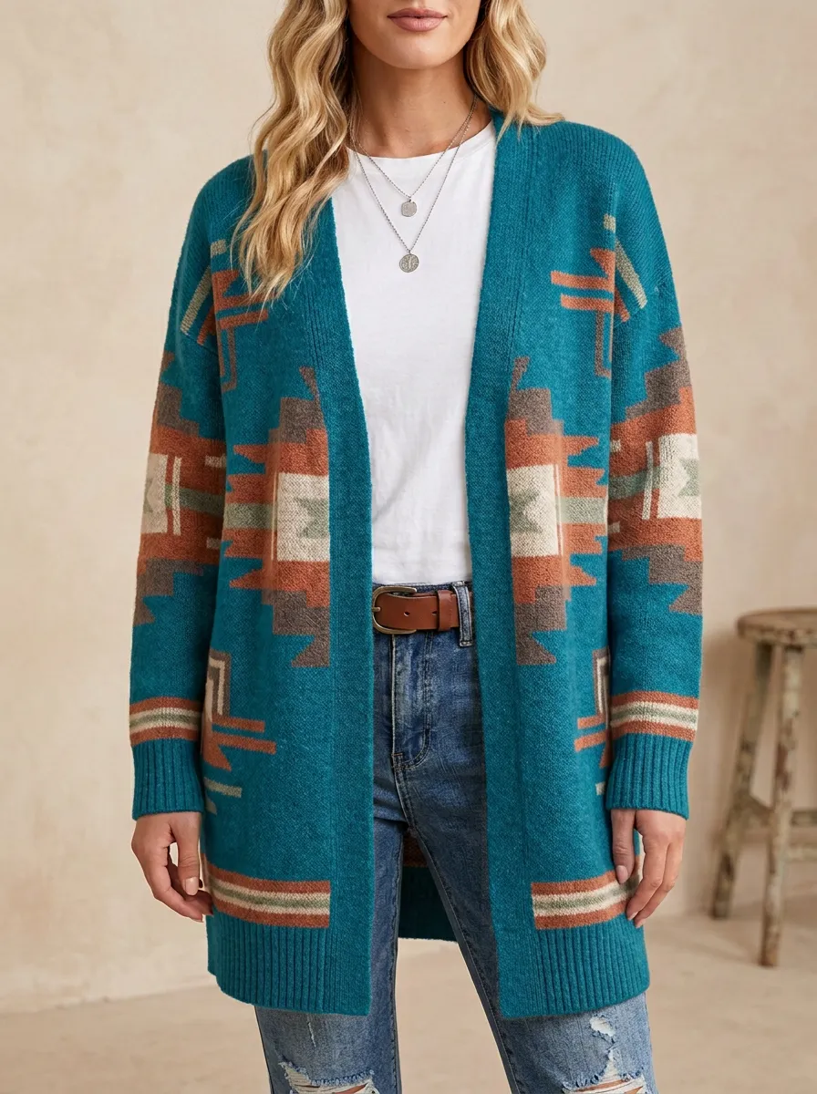 Women's Western Beige Geometric Pattern Open-Front Cardigan