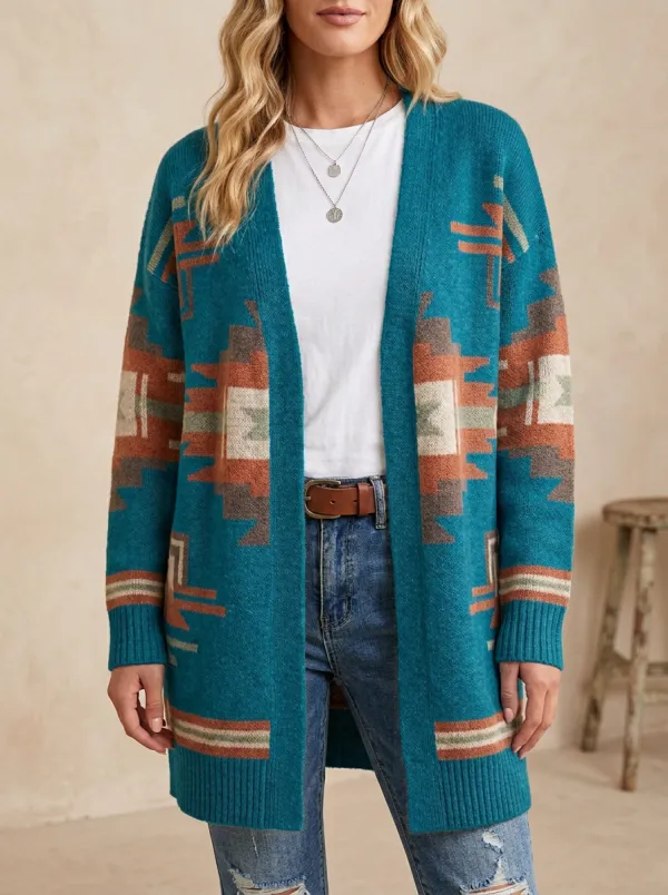 Women's Western Beige Geometric Pattern Open-Front Cardigan