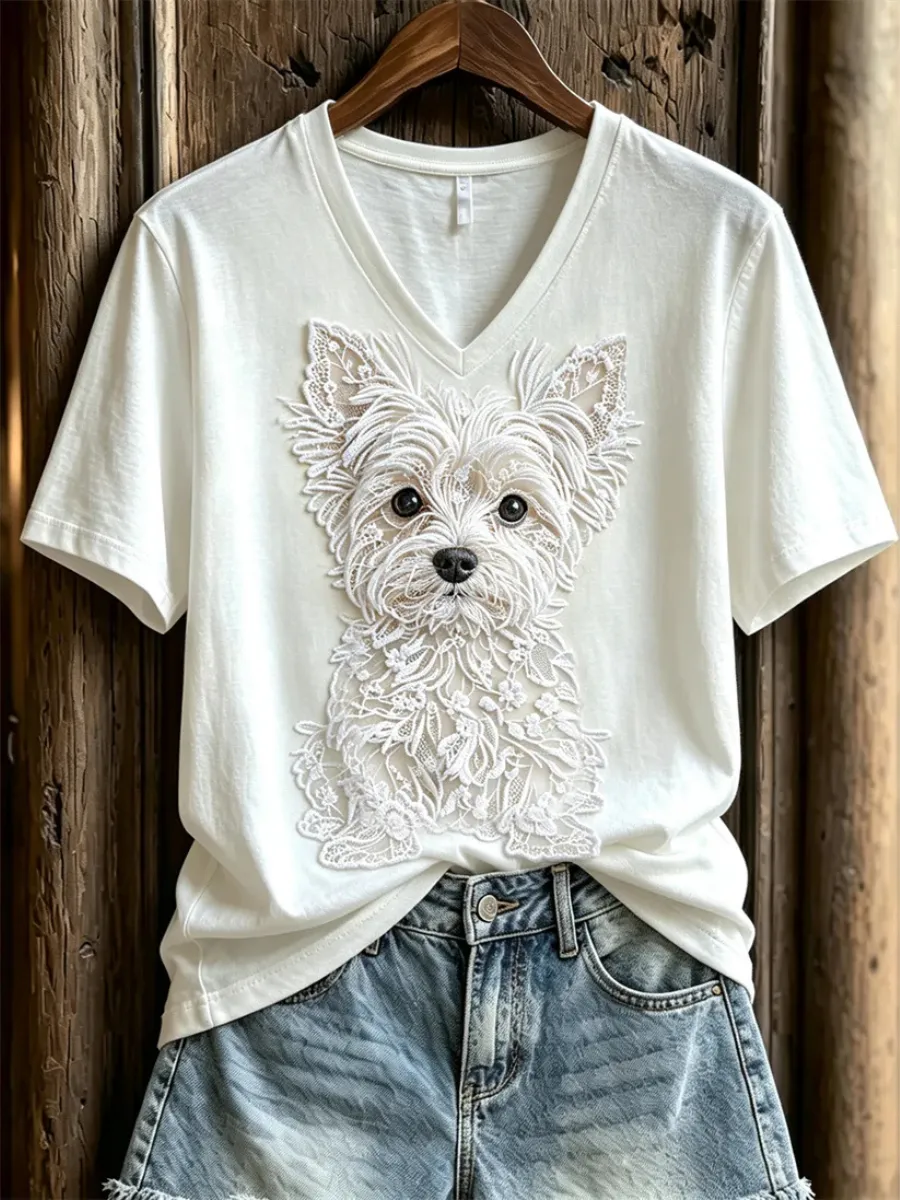 Women'S Dog Love Day Lace Art Pattern Printed V-Neck T-Shirt