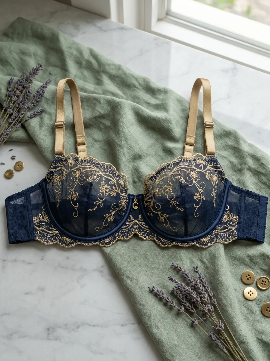 Women's Floral Embroidery Navy Blue Gold Trimmed Printed Bra