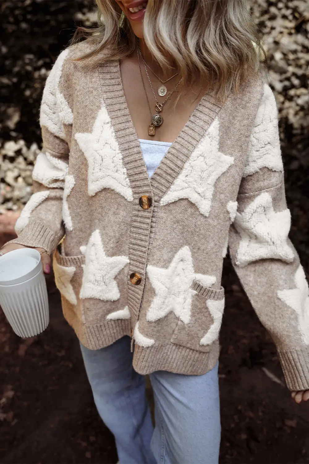 Sherpa Star Pattern Textured Pocketed Cardigan