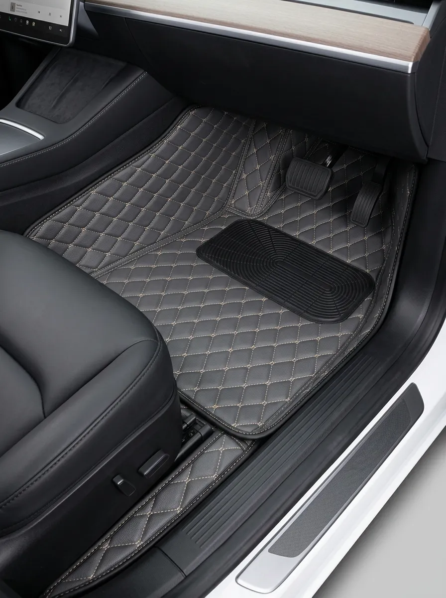 Diamond Quilted Stitched Leather Vehicle Floor Mat