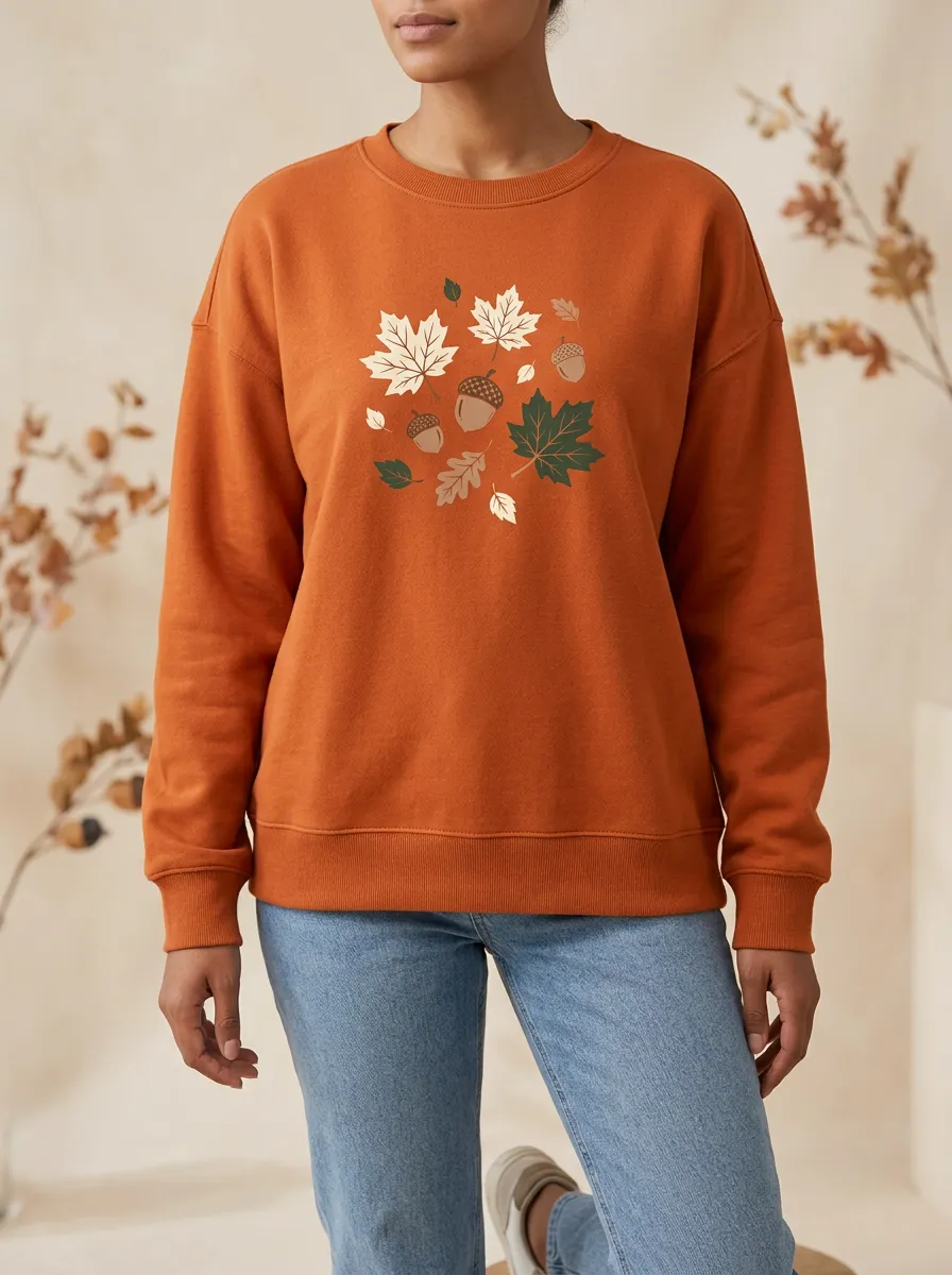 Botanical Maple-Leaf Printed Acorn Graphic Sweatshirt