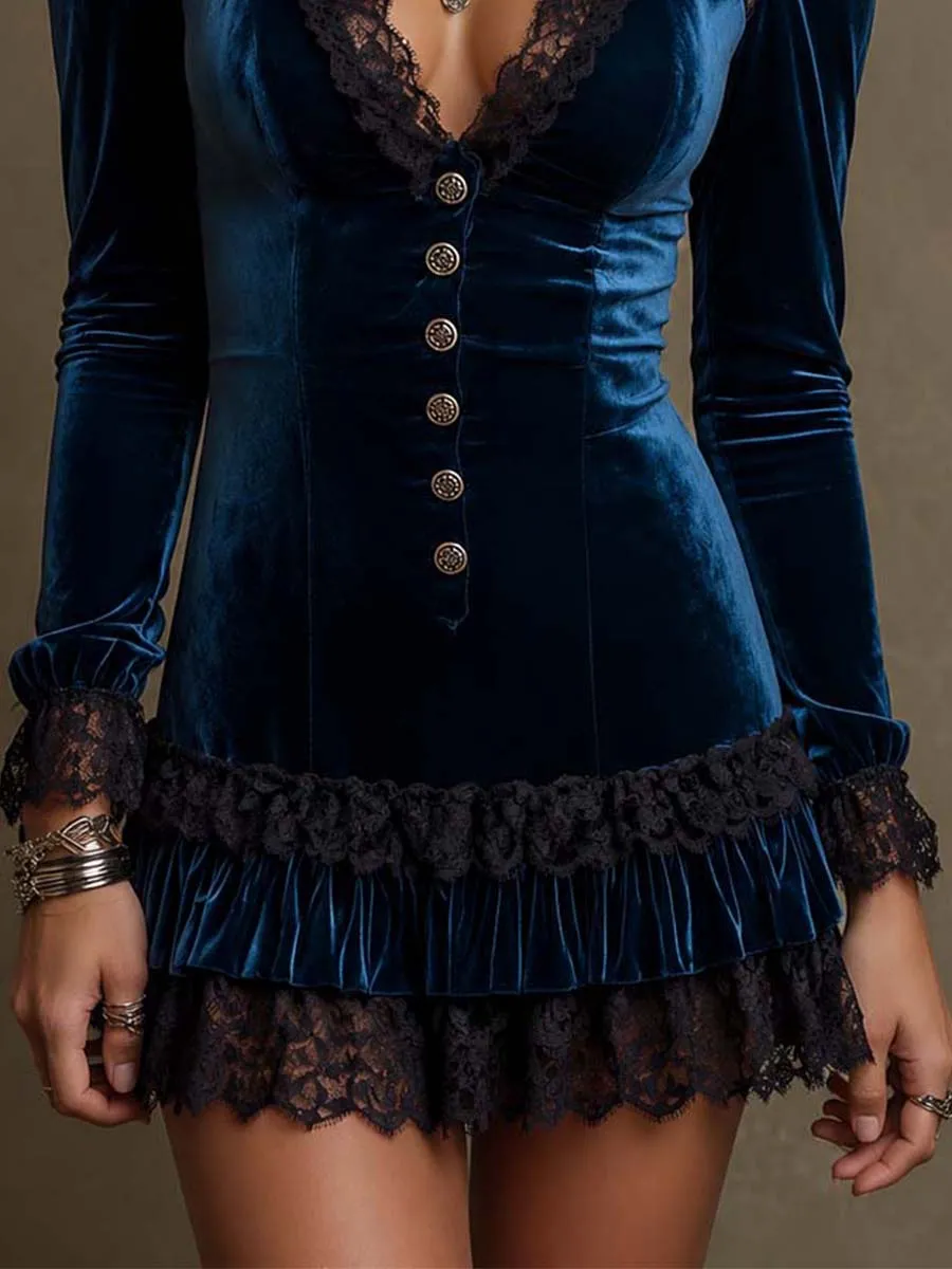 Gothic Navy Velvet Black Lace Yoke & Cuff Ruffle Hem Stand Collar Front Button Bodycon Mini Dress