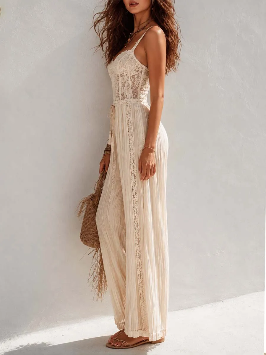 Bohemian Cream Lace Corset And Pleated Wide-Leg Jumpsuit