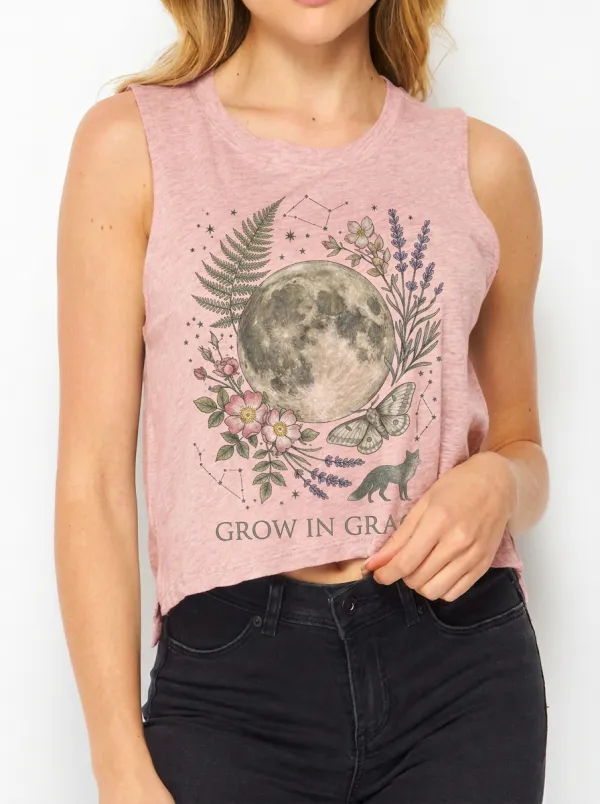Women's Celestial Moon Floral Moth Printed Crop Tank Top