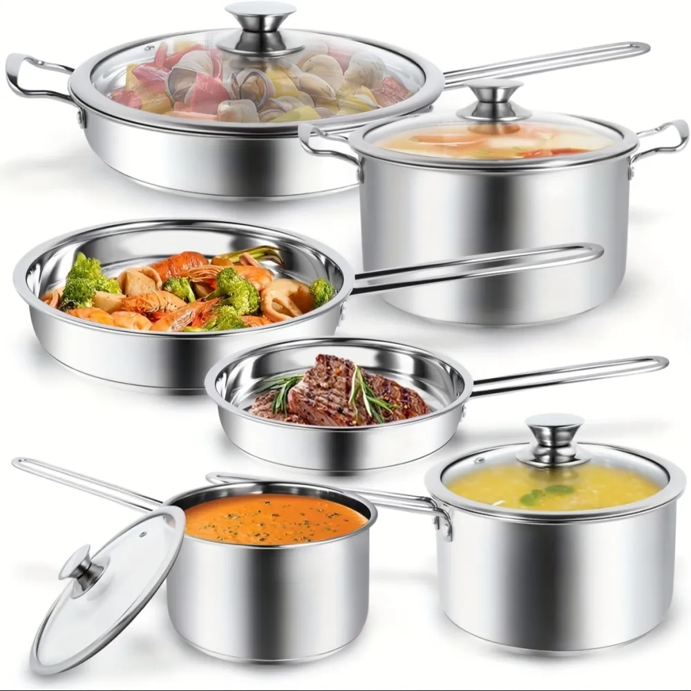 Stainless Steel Cookware Set with Glass Lids, Comprehensive Kitchen Pots and Pans for All Cooking Needs