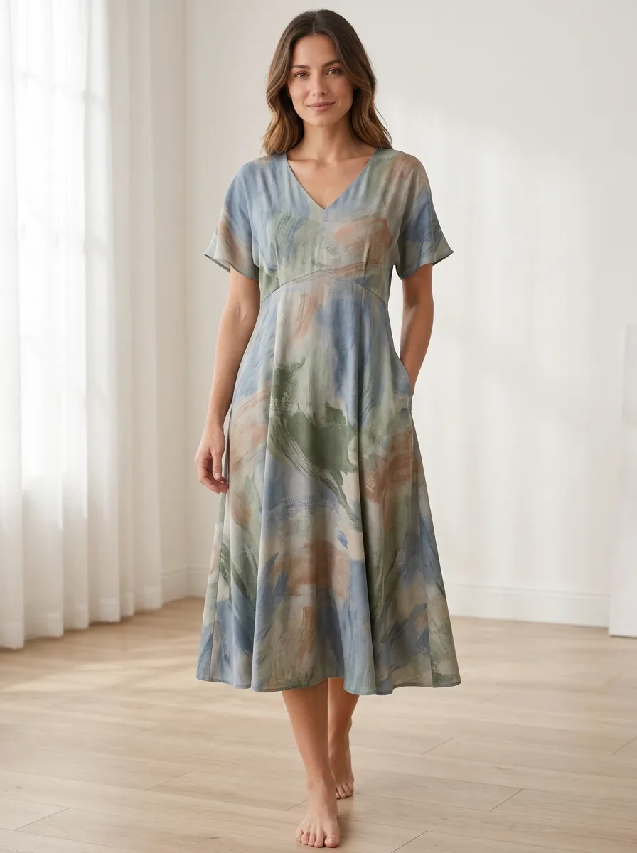 Women's Abstract Art V-Neck Printed Midi Dress