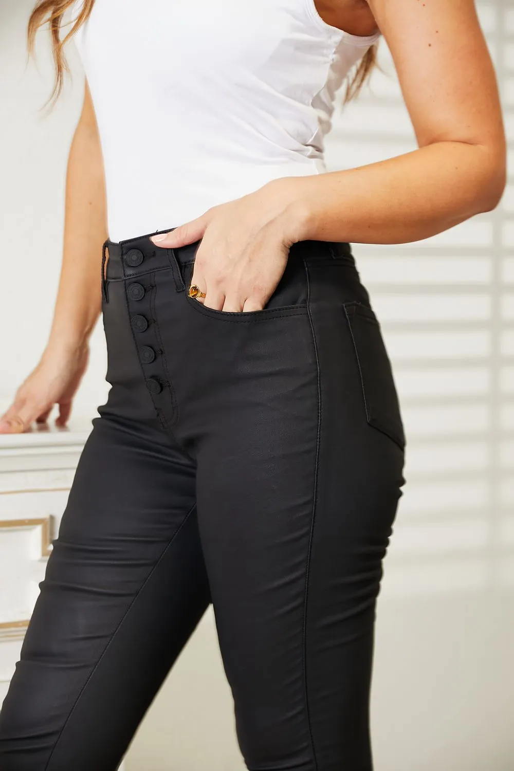 High Rise Coated Ankle Skinny Denim Jeans