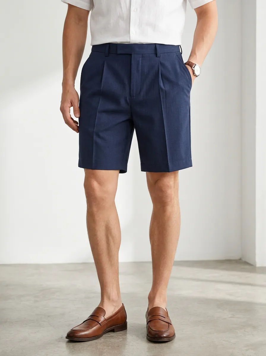 Men's Casual Business Navy Blue Pleated Tailored Shorts