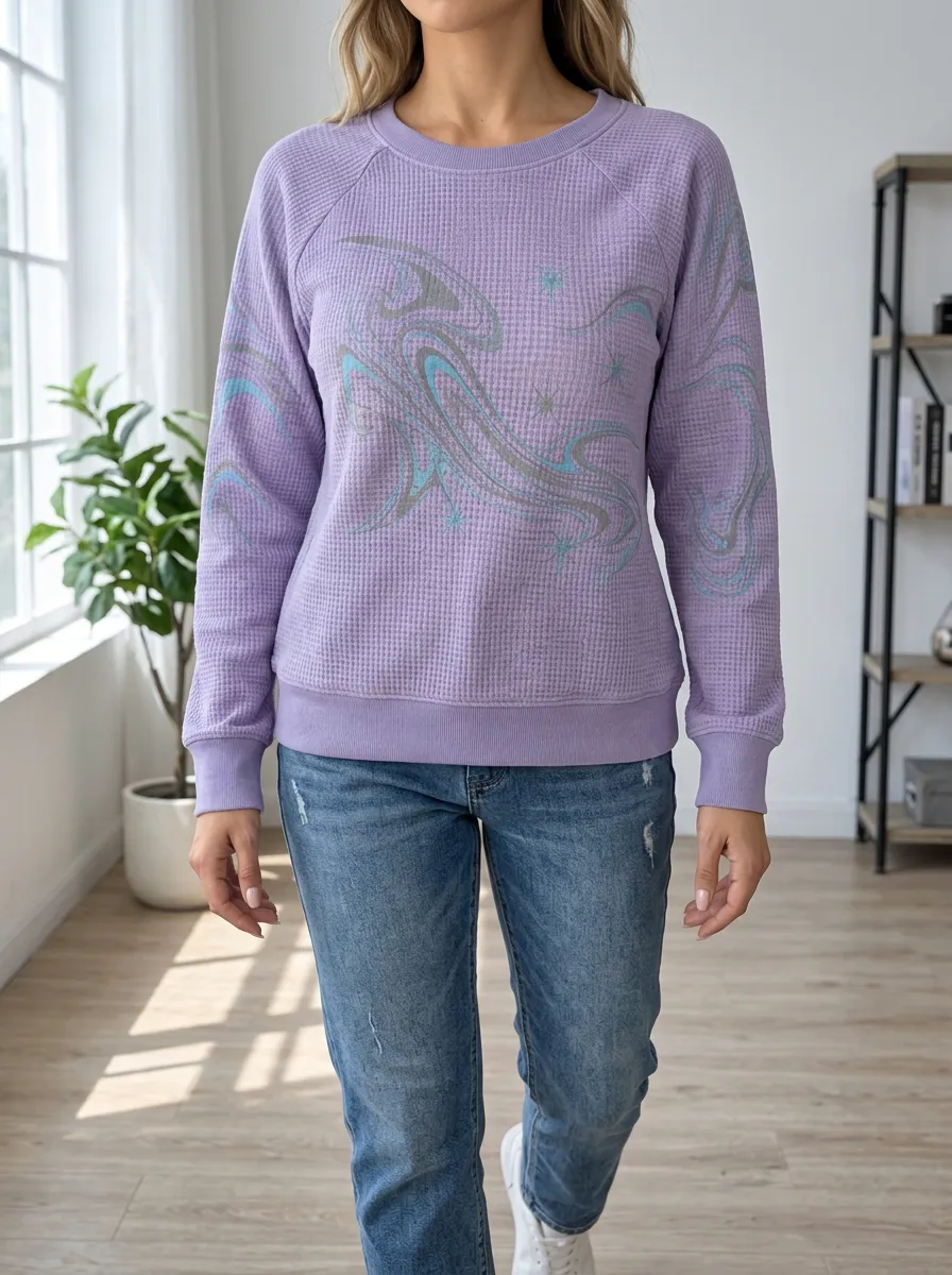 Women's Y2K Swirl Star Graphic Printed Waffle Knit Sweatshirt