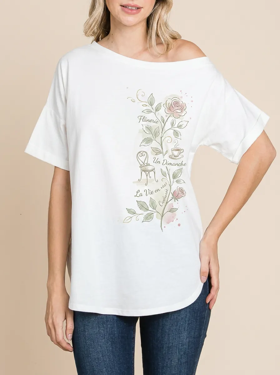 Women's French Floral Rose Coffee Printed T-shirt