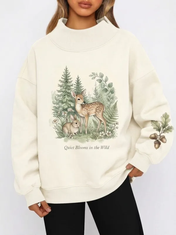 Women's Nature Lover Forest Deer Rabbit Printed Sweatshirt