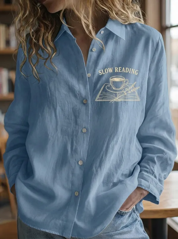 Women's Book Lover Slow Reading Coffee Cup Printed Shirt