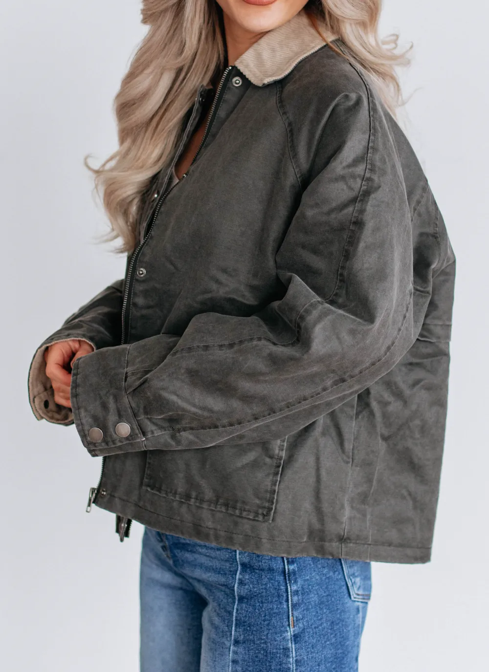 Collared Zip-Button Button-Cuff Snap-Front Utility Jacket