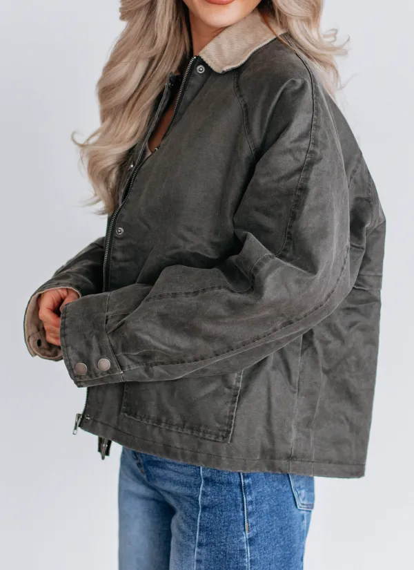 Collared Zip-Button Button-Cuff Snap-Front Utility Jacket