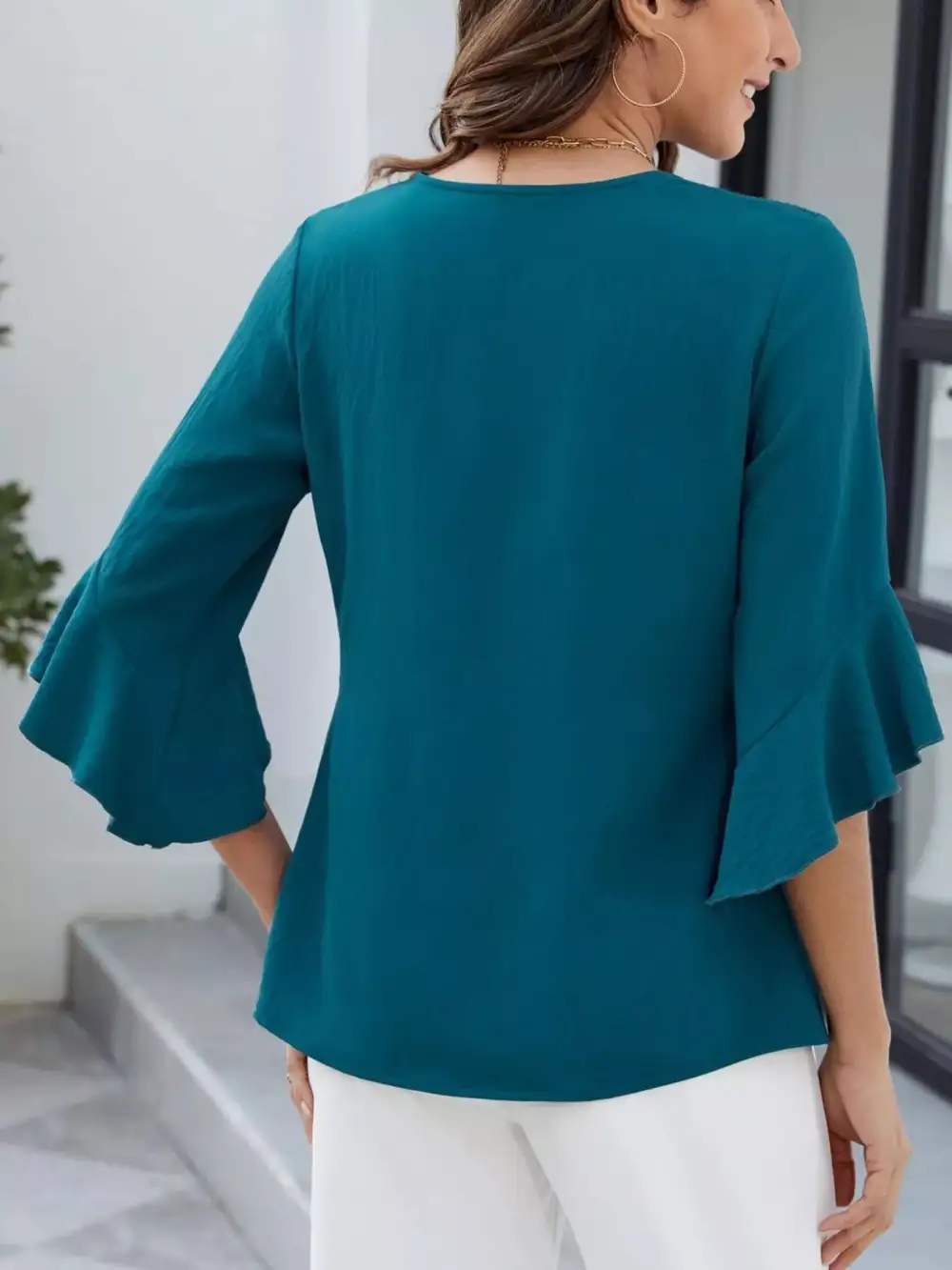 V Neck Ruffle Sleeve Blouse