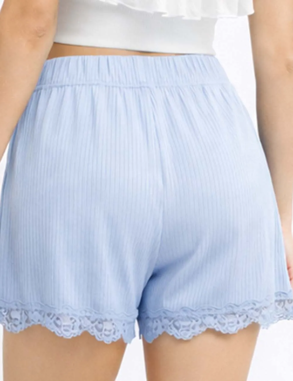 Ribbed Knit Elastic Waist Lace Trim Wide Leg Easy Shorts