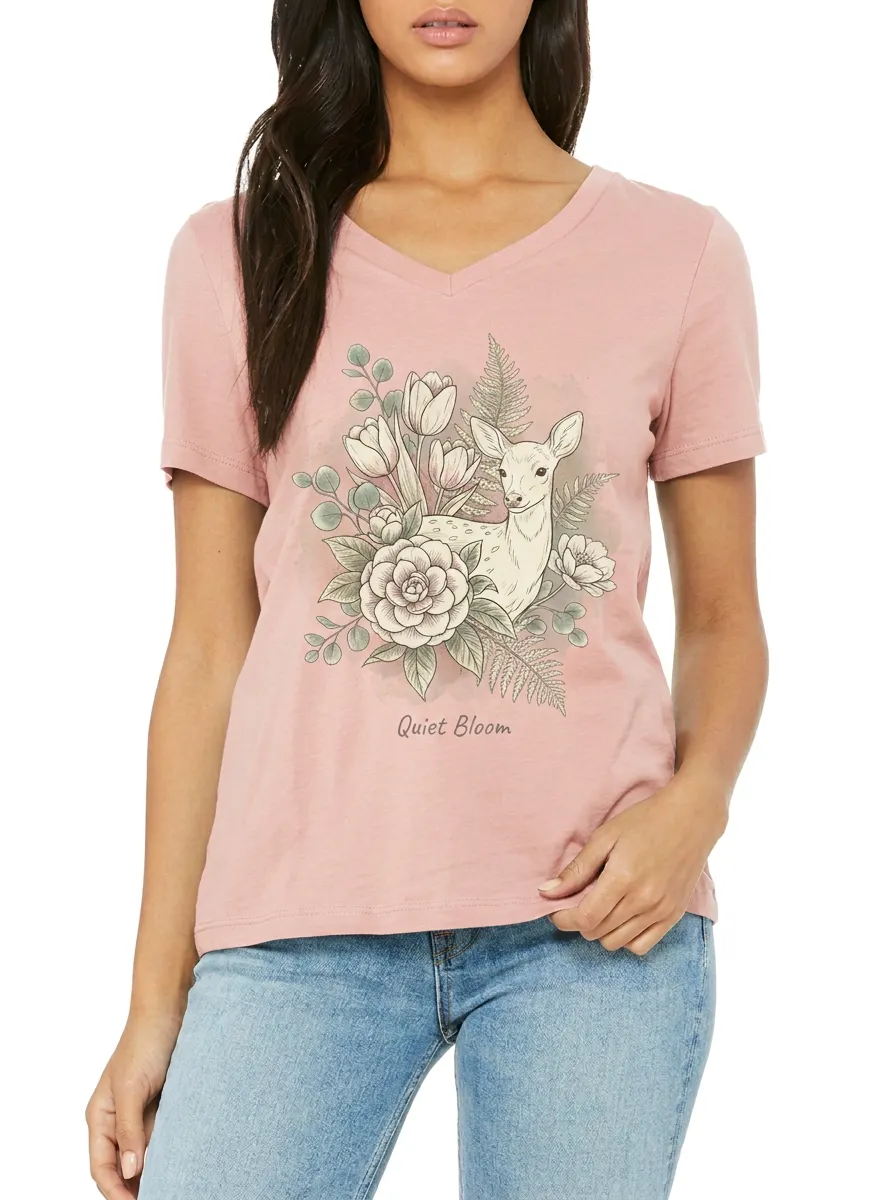 Women's Nature Lover Deer Floral Quiet Bloom Printed V-neck T-shirt