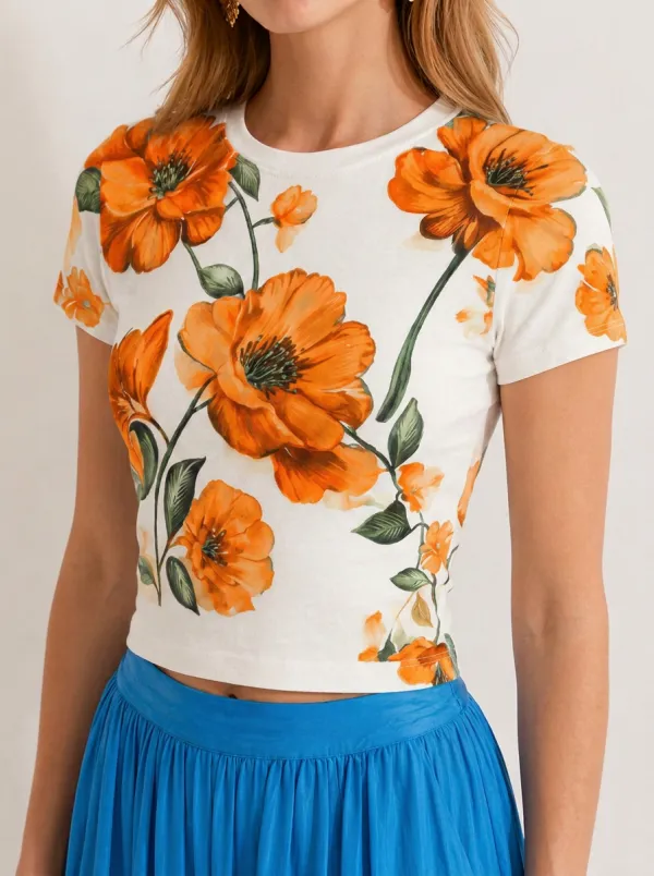 Women's Floral Lover Blue Flower Printed Crop T-shirt