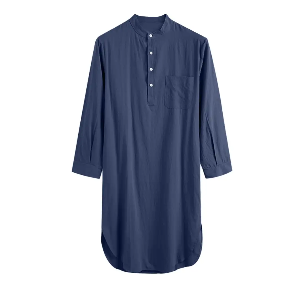 Men's Long Loose Shirt With Stand-up Collar Chest Pocket And Curved Hem