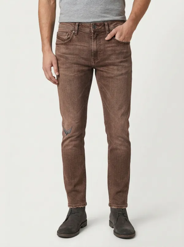 Men's Wing Embroidered Distressed Graphic Slim-Fit Jeans