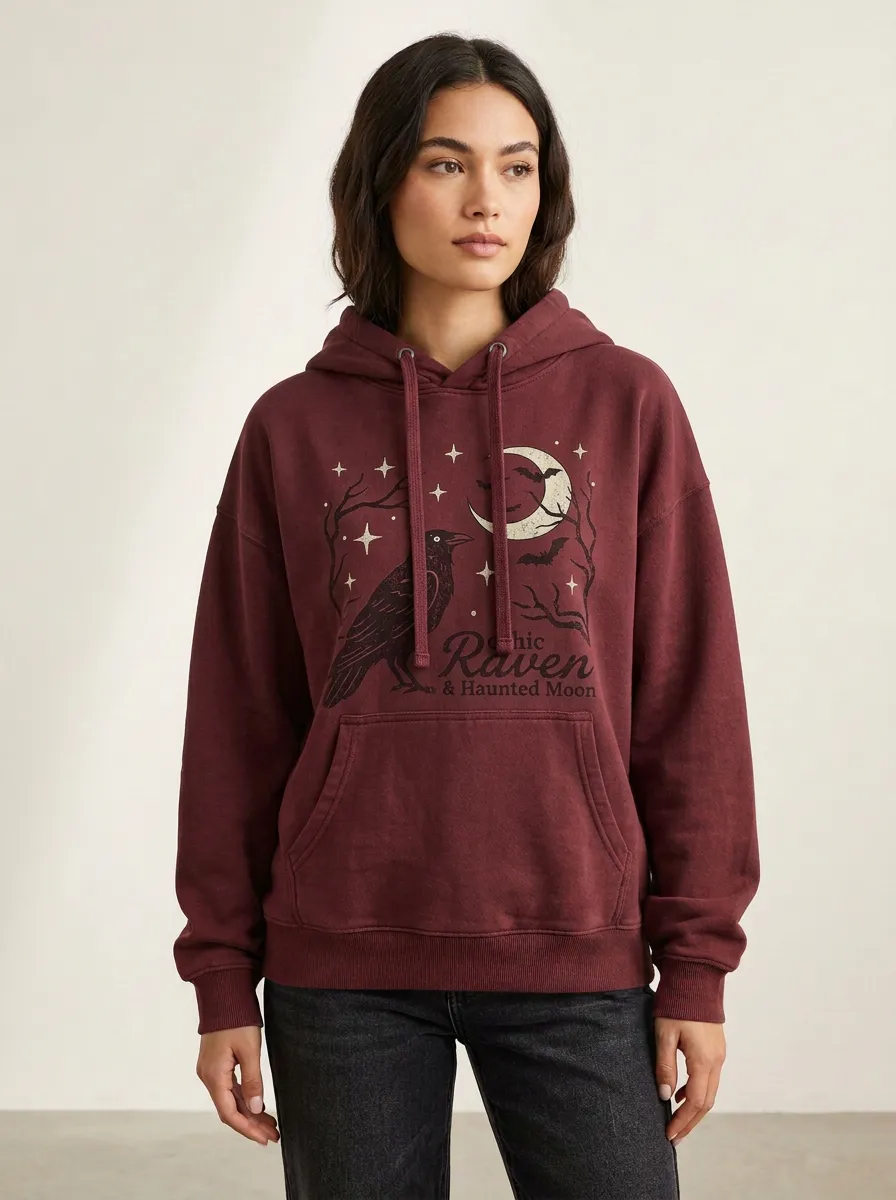 Women's Halloween Gothic Raven Haunted Moon Printed Hoodie