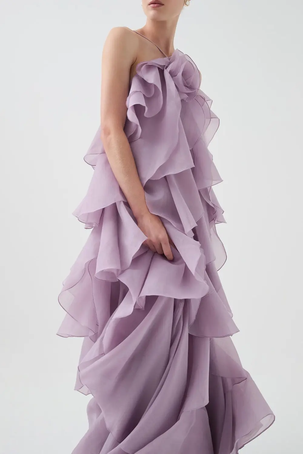 3D Flower Halter Neck Frill Maxi Dress