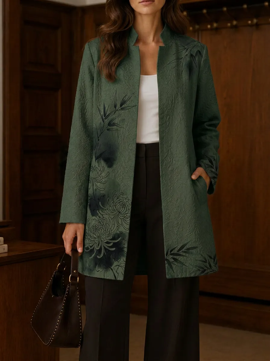Women's Oriental Floral Bamboo Ink Wash Printed Jacket