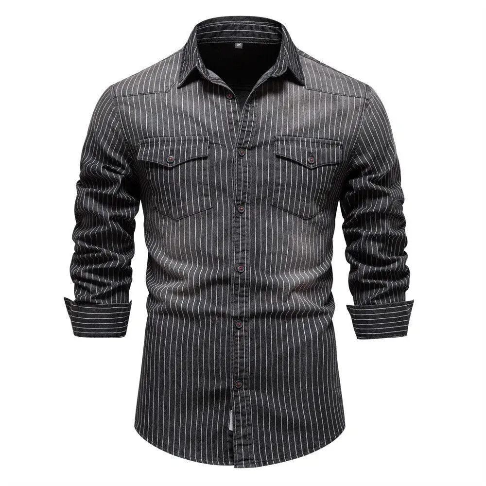 Men's Tailored Long-Sleeve Denim Shirt With Pinstripes And Patch Pockets