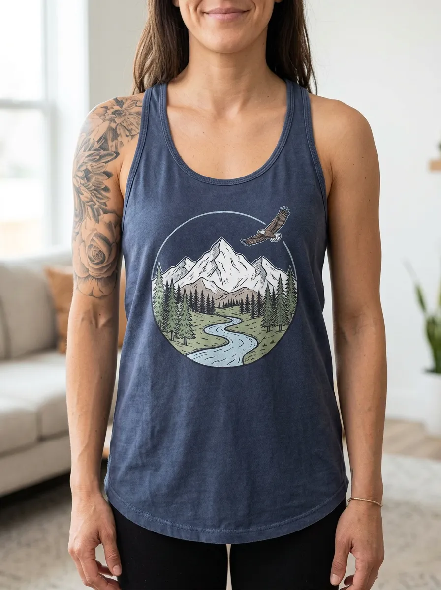Women's Nature Lover Mountain Eagle River Printed Tank Top