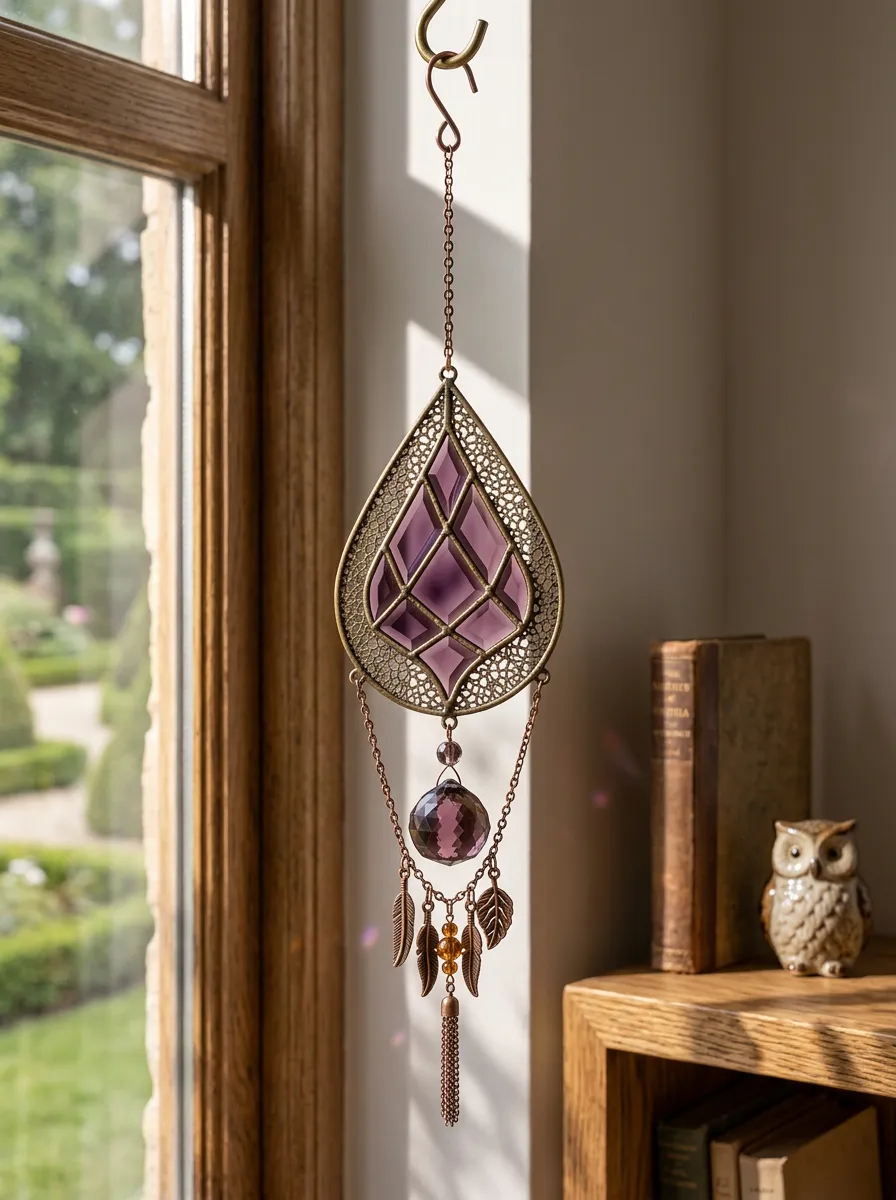 Boho Purple Crystal Feather Metal Suncatcher
