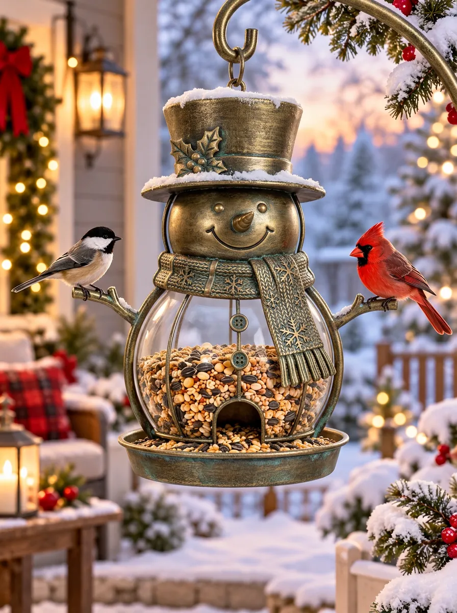 Snowy Snowman Cardinal Christmas Bird Feeder