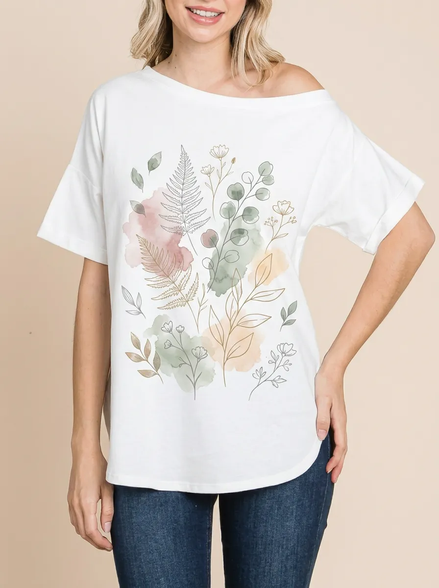 Women's Botanical Nature Lover Watercolor Fern Printed T-shirt
