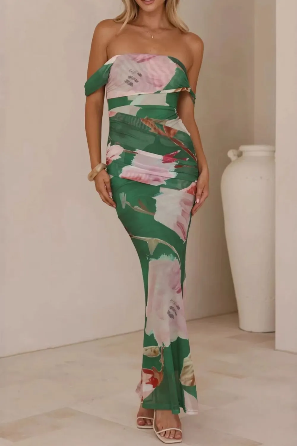Classic Ruched One-Shoulder Floral Maxi Dress