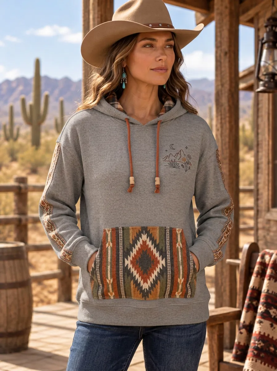 Women's Western Boho Desert Mountain Pattern Printed Hoodie