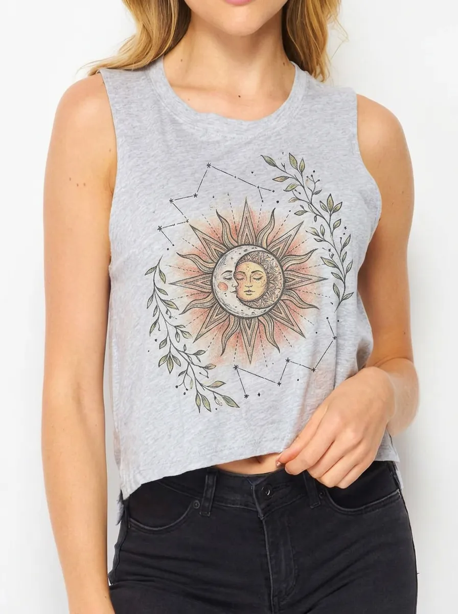 Women's Celestial Boho Sun Moon Leaf Printed Crop Tank Top