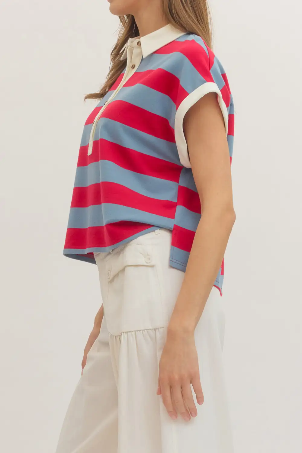 Striped Button Front Rugby Collar Pleated Top