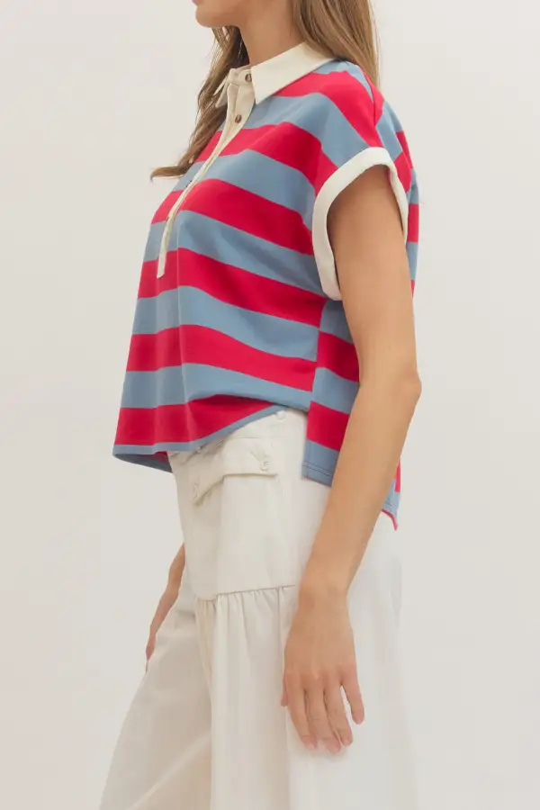 Striped Button Front Rugby Collar Pleated Top