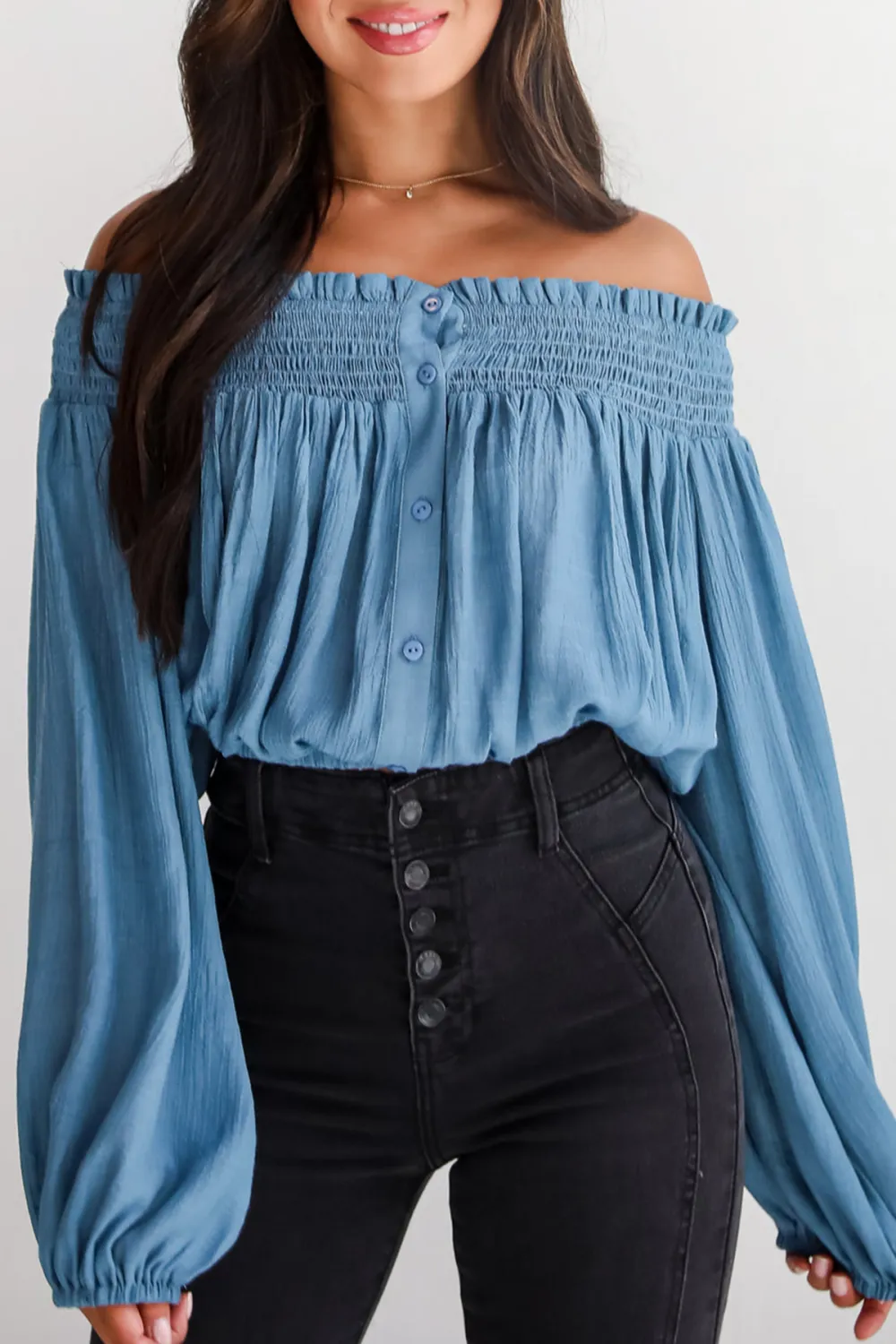 Blue Off-The-Shoulder Cropped Blouse