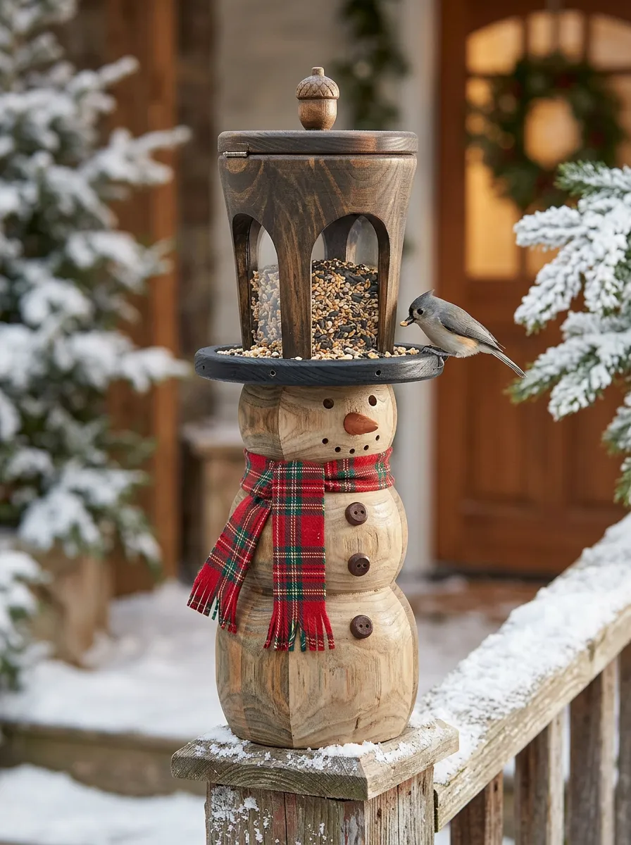 Snowman Plaid Scarf Wooden Christmas Bird Feeder