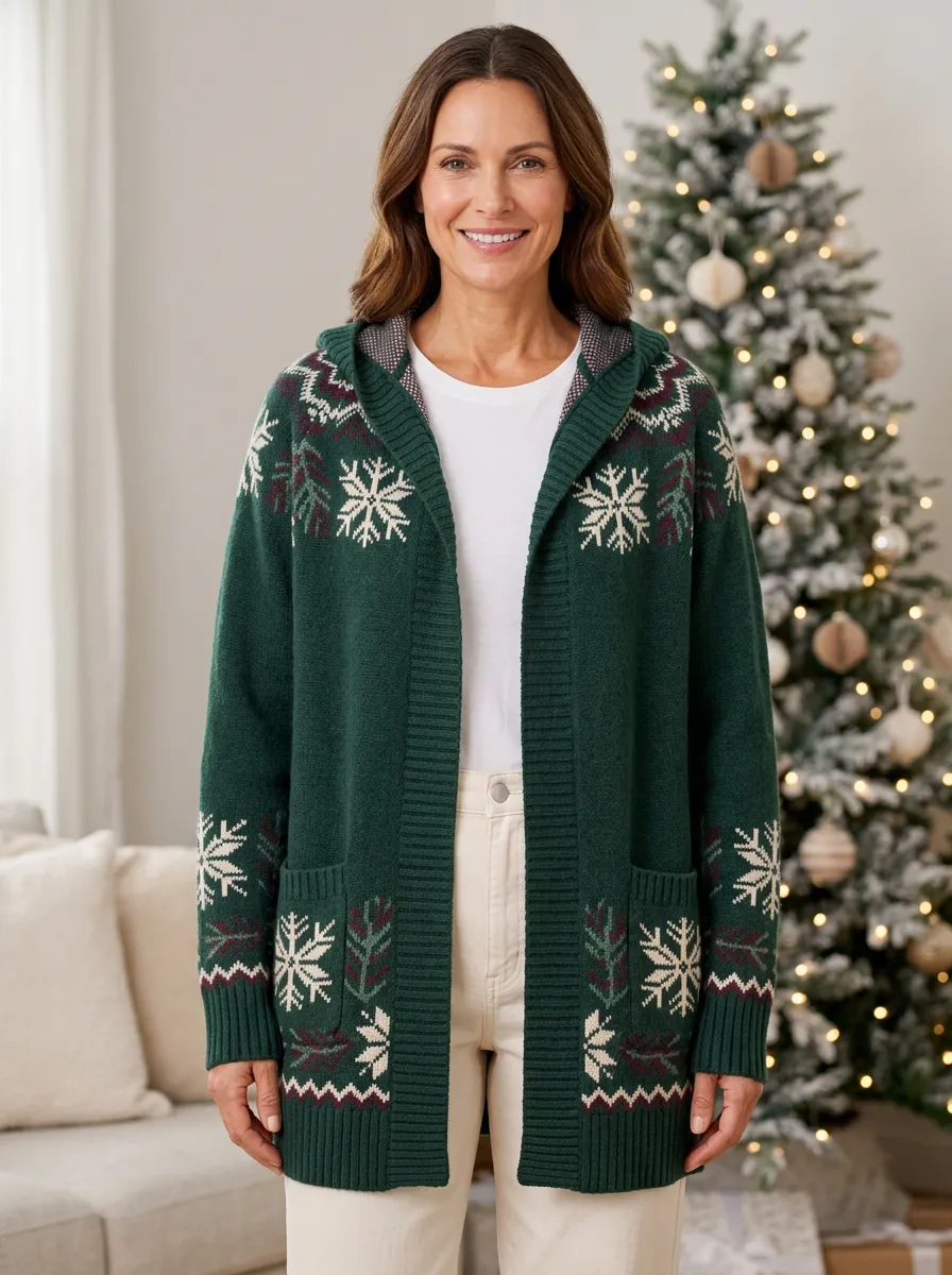 Christmas Snowflake Pattern Print Hooded Cardigan