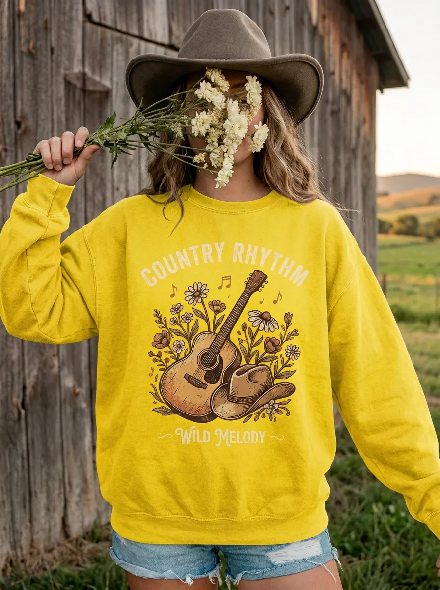 Cowboy-Hat Floral Women's Country Music Crew Neck Sweatshirt