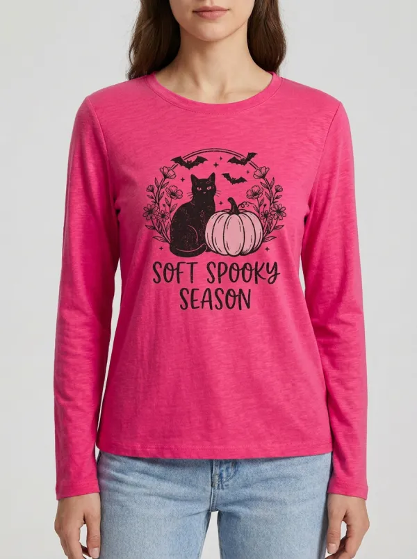 Pumpkin Floral Halloween Cotton Linen Long Sleeve Top