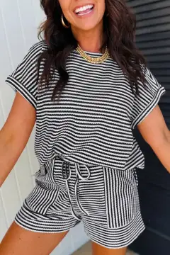 Drawstring Pocketed Knit Striped Tee and Shorts Matching Set