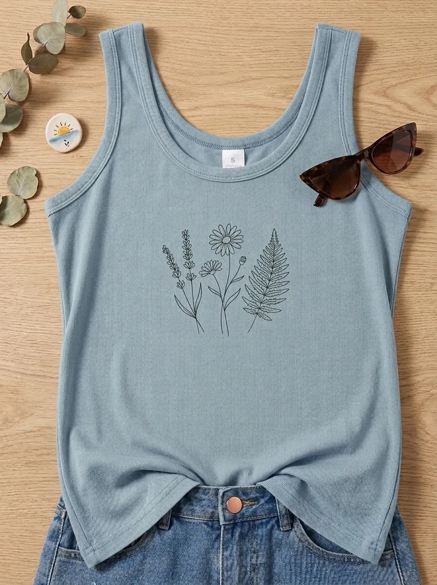 Botanical Nature Lover Wildflower Fern Printed Tank Top