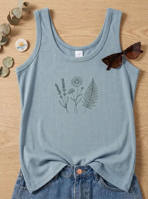 Botanical Nature Lover Wildflower Fern Printed Tank Top