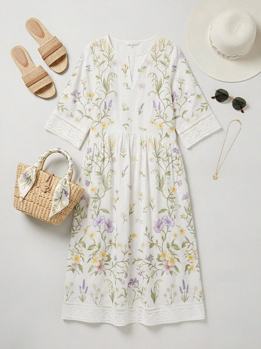 Women's Summer Vacation Floral Botanical Printed Midi Dress