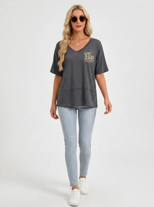 Women's USA 250th Anniversary Statue of Liberty Printed V-Neck T-Shirt