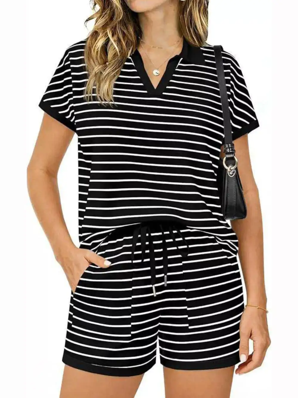 Striped Short Sleeve Polo Shorts Set